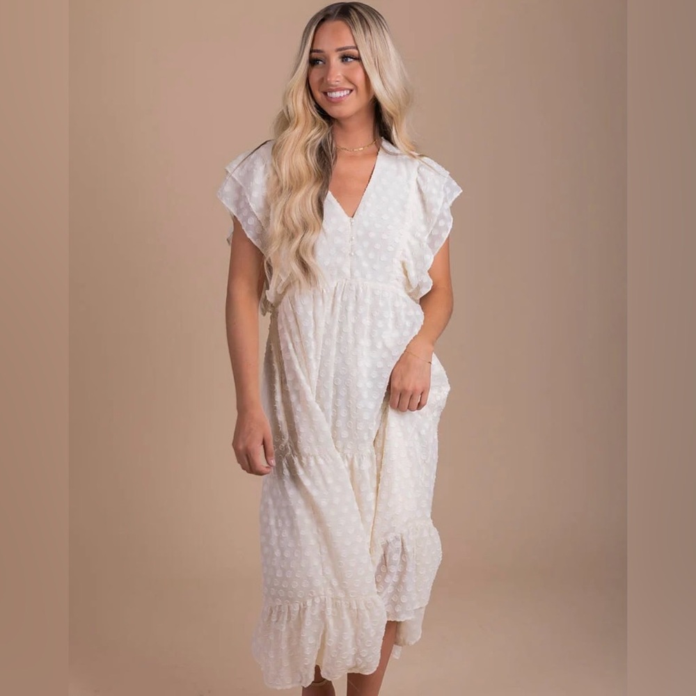 Bella Ella Off White Tiered Polka Dot Midi Sundress with Flutter Sleeves